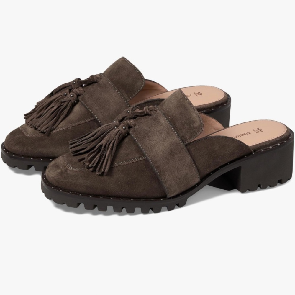 NEW Johnston & Murphy Alice Fringe Tassel loafer Suede Heel Mule Women size 9.5